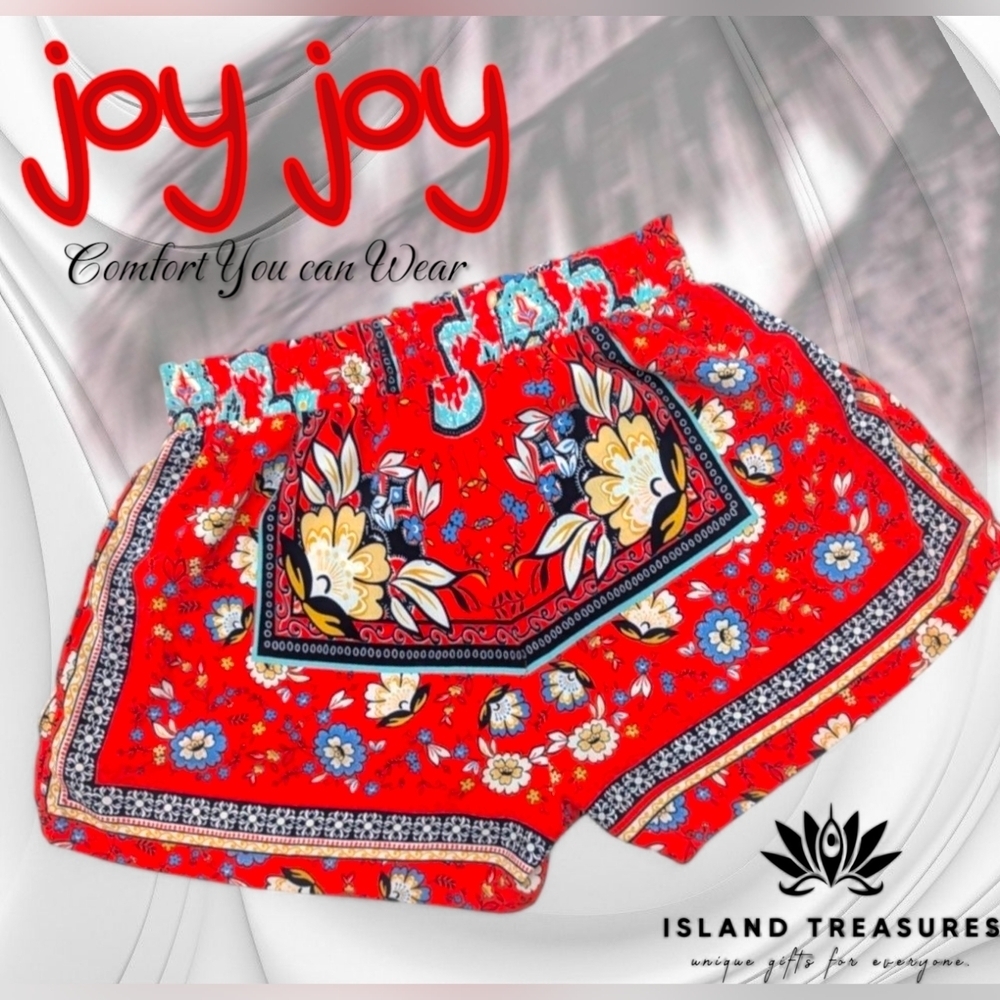 Joy Joy Olivia Smocked Waist Floral Shorts - Red, Size Large